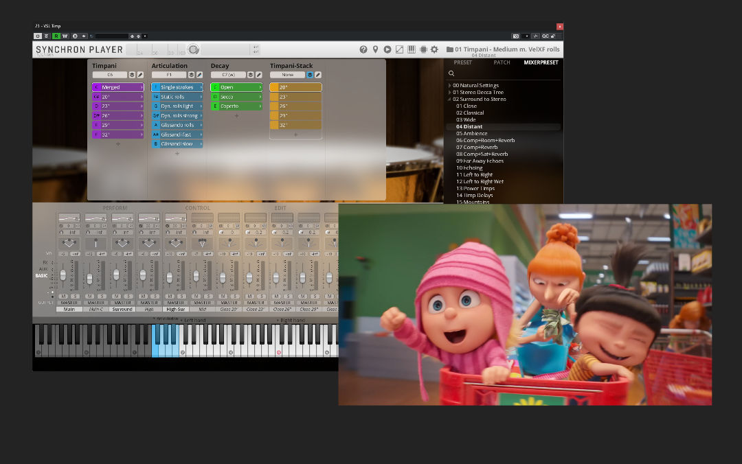 Animated film scene being scored